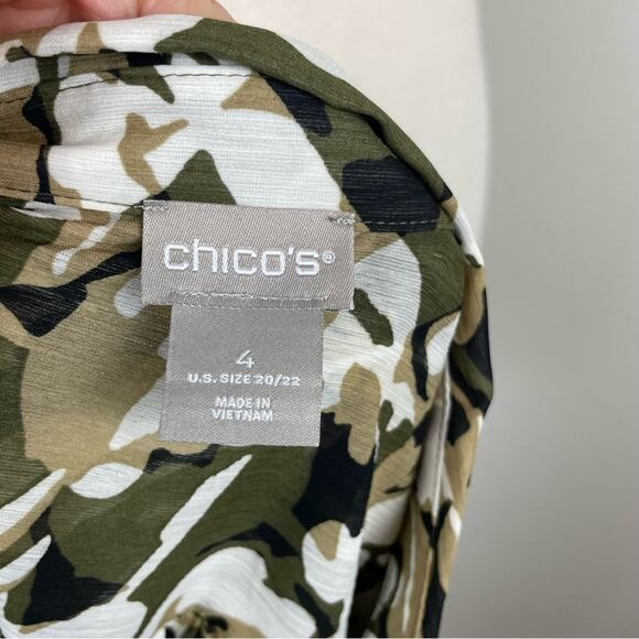 Chico's Olive Tan White Floral Semi Sheer Long Sleeve Top 4 - Picture 7 of 9